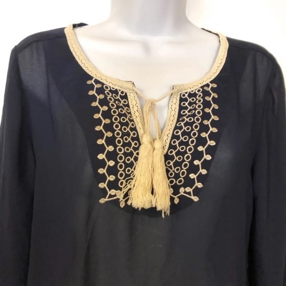 Monteau Navy Sheer Boho Tassel Blouse Small - Picture 2 of 8